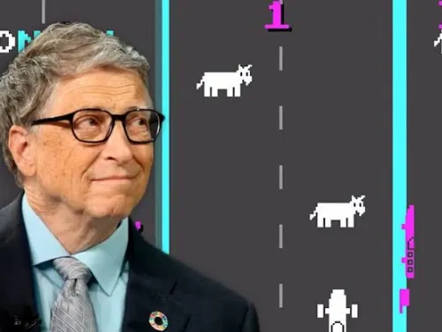 Pessoa sorrindo em frente a gráficos de estrada com ícones brancos de animais.