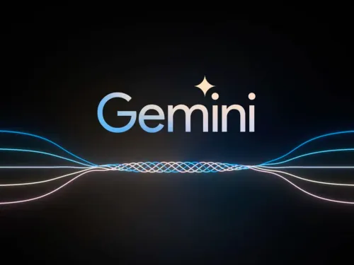 Gemini com linhas onduladas coloridas em fundo preto.