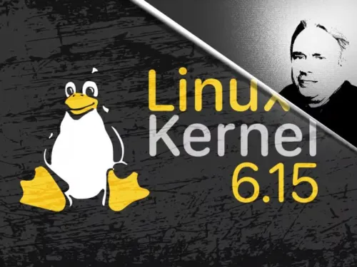 Tux à esquerda, texto "Linux Kernel 6.15" ao centro, rosto em preto e branco à direita.