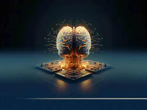 Cérebro dourado digital sobre processador em fundo escuro.