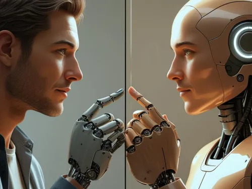 Homem e robô se encaram, tocando dedos.