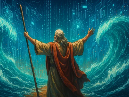 Homem de barba, braços erguidos, divide ondas em cenário digital e azul.