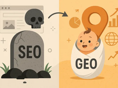 Gráfico de lápide SEO e ícone de bebê GEO em fundo colorido.