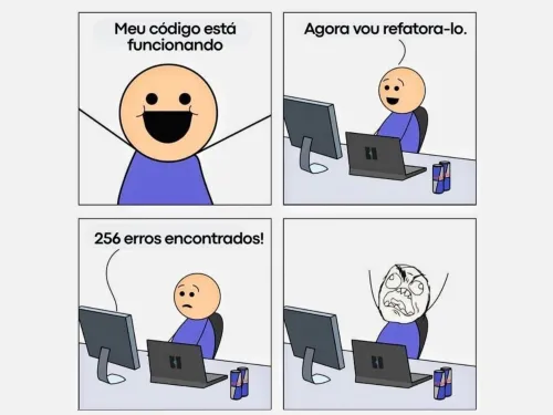 Quadrinhos com personagem animado frustrado após testar código no computador.